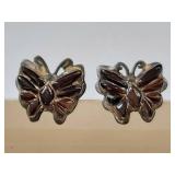 Vintage Sterling Silver Butterfly Stud Earrings Red Stone Accents Tarnished Finish