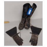 Vintage Leather Work Boots with Gauntlet Gloves - Used Condition
