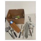 Wusthof Wood Knife Block with Assorted Stainless Kitchen Utensils Skewers Tongs Lot