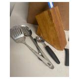 Wusthof Wood Knife Block with Assorted Stainless Kitchen Utensils Skewers Tongs Lot