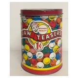 Vintage Jaw Teasers 1Â¢ Bubble Gum Advertising Store Counter Tin Canister Jar Litho