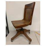 Vintage Oak Swivel Office Chair on Casters Adjustable Banker Style Wood Desk Chair