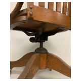 Vintage Oak Swivel Office Chair on Casters Adjustable Banker Style Wood Desk Chair
