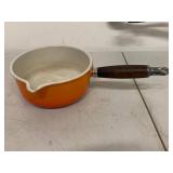 Vintage Le Creuset Orange Enamel Cast Iron Sauce Pan Wood Handle Pour Spout France Cookware