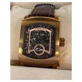 Stührling Original Skeleton Watch - Rose Gold Tone Rectangular Case, Leather Band