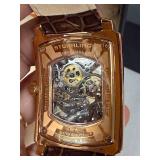 Stührling Original Skeleton Watch - Rose Gold Tone Rectangular Case, Leather Band