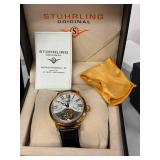 Stührling Original Tourbillon Skeleton Watch - Rose Gold Case, Black Leather Strap