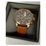 Invicta Signature II Collection Chronograph Watch - Rose-Gold Bezel, Black Dial, Brown Leather