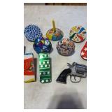 VINTAGE tin litho toy noise makers; mid-century Eagle cap gun