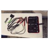 SOCKET set, jumper cables, axe, and flash light