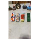 VINTAGE tin litho toy noise makers; mid-century Eagle cap gun