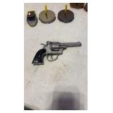 VINTAGE tin litho toy noise makers; mid-century Eagle cap gun