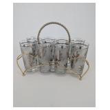 Set of 6 Frosted Glass Tumblers with Etched Leaf Pattern in Gold Wire Carrier