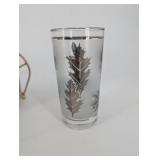 Set of 6 Frosted Glass Tumblers with Etched Leaf Pattern in Gold Wire Carrier