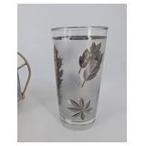 Set of 6 Frosted Glass Tumblers with Etched Leaf Pattern in Gold Wire Carrier