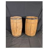 Pair of Wooden Barrels - Hooped Casks, Vintage Open-Top, ~23 in Tall