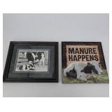 Two Cow Art Prints - Framed Black & White Cattle, Manure Happens Sign
