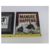 Two Cow Art Prints - Framed Black & White Cattle, Manure Happens Sign