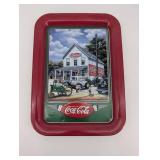 Coca-Cola Advertising Tin Tray - Vintage Storefront Scene, Red Border