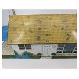 Vintage Tin Litho Dollhouse with Yellow Roof and Blue Side Canopy