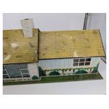 Vintage Tin Litho Dollhouse with Yellow Roof and Blue Side Canopy
