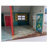 Vintage Tin Litho Dollhouse with Yellow Roof and Blue Side Canopy