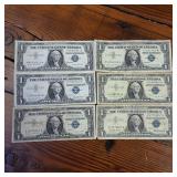 6 Total Circulated Silver Certificate Blue Seal Banknotes  Both 1957 and 1957A series