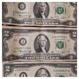 1967 Two Dollar Circulated Banknotes :: 4 of a kind and full house :: Good condition in all 6 notes