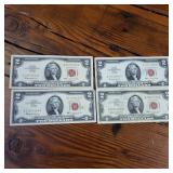 1963 Crisp & Clean RED SEAL 2$ United States Notes (Not federal reserve notes) :: 4 notes total
