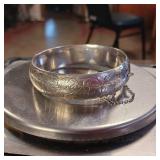 Engraved Cuff with security chain  Sterling Silver