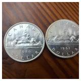Lot of 2 :: 1960 and 1961 Silver Canada Dollars :: 80% silver :: Great, bright condition