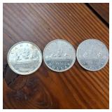 Lot of 3 :: 1950, 1951 and 1952 Silver Canada Dollars :: 80% silver :: Great, bright condition