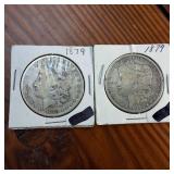 Lot of 2 :: 1879 Morgan silver dollars :: Weight: 26.7 grams 90% silver :: Popular by the US Mint!