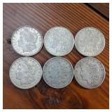HUGE LOT 6 Coins! 1921 Morgan silver dollars :: Weight: 26.7 grams 90% silver :: Circulated