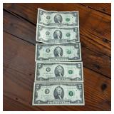 5 x Two Dollar Banknotes :: Federal Reserve Notes:  all from 1995 in crisp condition