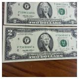 5 x Two Dollar Banknotes :: Federal Reserve Notes:  all from 1995 in crisp condition