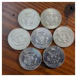 7 x Kennedy Half Dollars :: 40% silver content :: nice bright condition :: 1968D except one is 1966