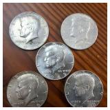5 x 1969D Kennedy Half Dollars :: 40% silver content :: nice condition