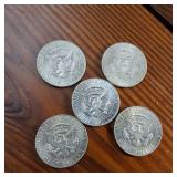 5 x 1969D Kennedy Half Dollars :: 40% silver content :: nice condition