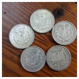 Lot of 5 :: 1921 Morgan silver dollars :: Weight: 26.7 grams 90% silver :: Popular by the US Mint!