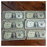 6 Total Circulated Silver Certificate Blue Seal Banknotes  Circulated 1957A series