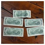 5 x Two Dollar Banknotes :: Federal Reserve Notes:  all from 2003 in crisp condition