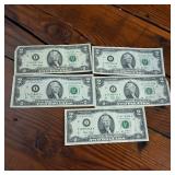 5 x Two Dollar Banknotes :: Federal Reserve Notes:  all from 2003 in crisp condition (Full House!)