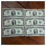 Large Lot (6 Notes) :: Series 1976 $2 Federal Reserve Notes  crisp, clean and no crease!