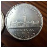 Lot of 3 :: 1937, 1938 and 1939 Silver Canada Dollars :: 80% silver :: circulated, but bright