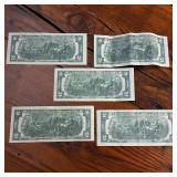 Large Lot (5 Notes) :: Series 1976 $2 Federal Reserve Notes  crisp, clean!