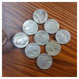 Large Lot (9 coins) circulated Buffalo Head Nickels :  made in USA :: various years