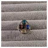 Large teardrop shaped sterling silver ring with four multicolored cabochon stones. size 8.25 - 9.0g