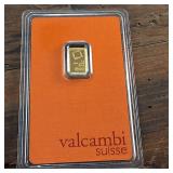 GOLD BAR :: 1 gram .9999 Pure Gold :: Certified Assay :: Valcambi Suisse
