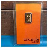 GOLD BAR :: 1 gram .9999 Pure Gold :: Certified Assay :: Valcambi Suisse